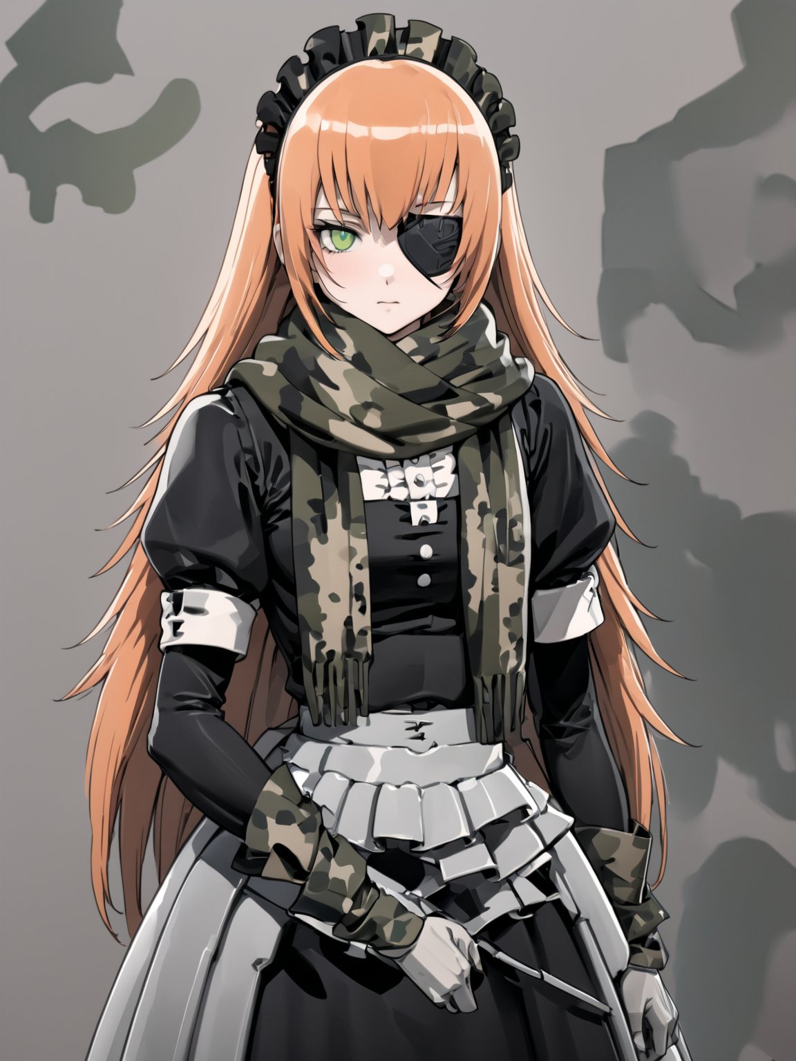 //Quality,
masterpiece, best quality, detailed
,//Character,
solo,
,//Fashion,
,//Background,
simple_background
,//Others,
,cz2128_delta \(overlord\), 1girl, long hair, green eyes, orange hair, eyepatch, maid, maid headdress, camouflage, green scarf