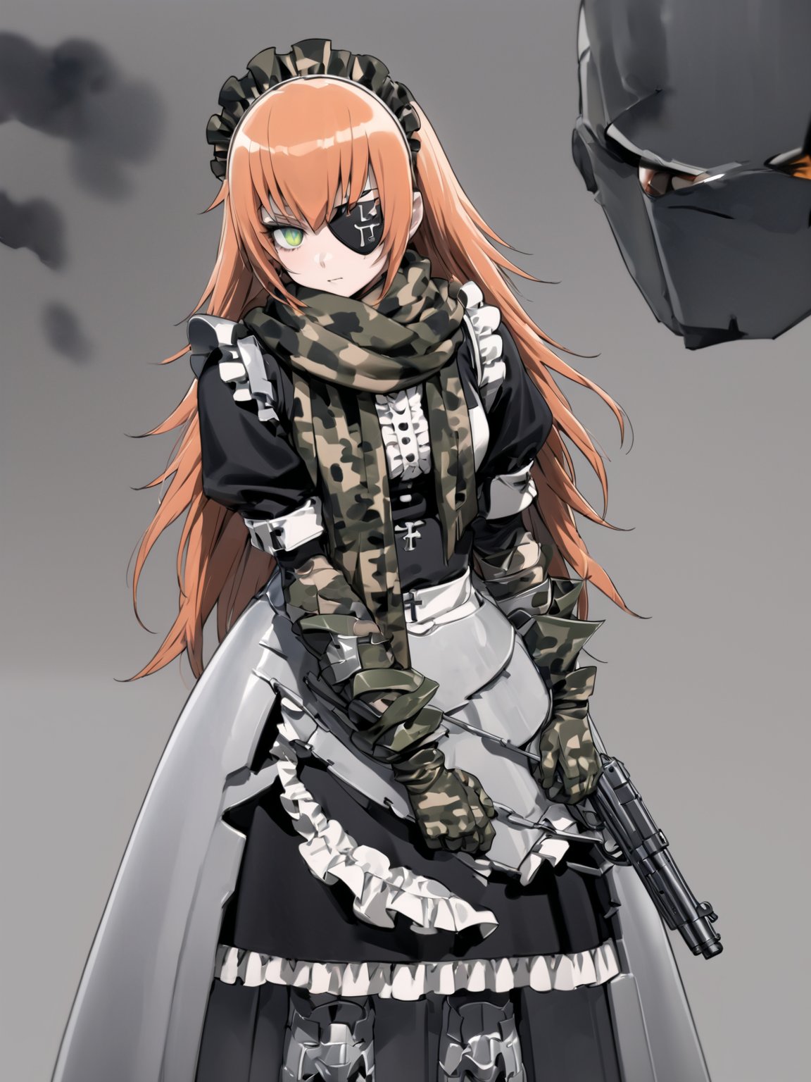 //Quality,
masterpiece, best quality, detailed
,//Character,
solo,
,//Fashion,
,//Background,
simple_background
,//Others,
,cz2128_delta \(overlord\), 1girl, long hair, green eyes, orange hair, eyepatch, maid, maid headdress, camouflage, green scarf, gloves, dress, boots, armor, gun, cross pupils