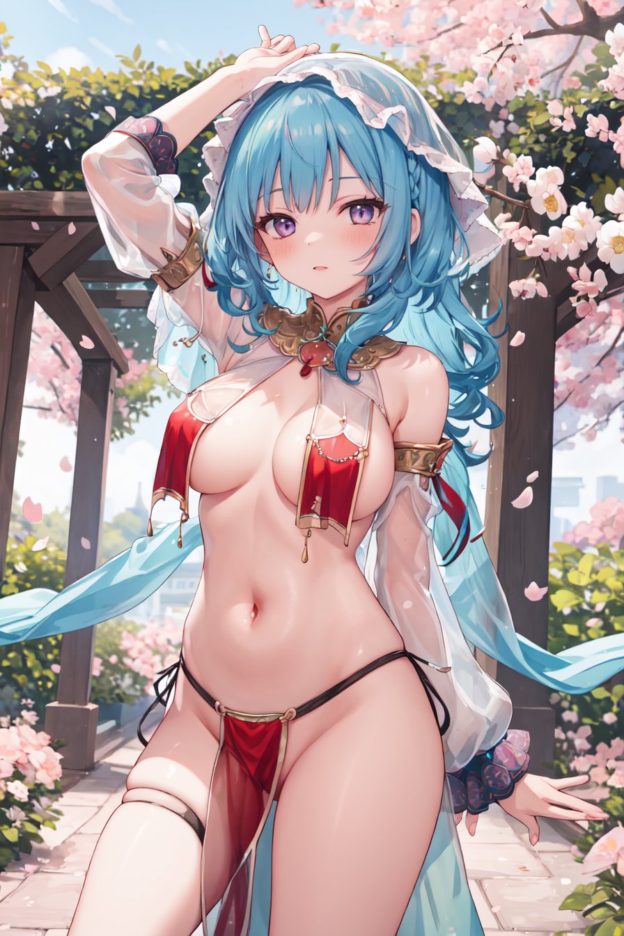 masterpiece,best quality,highres,ultra-detailed,solo,cowboy shot,1girl,medium_breasts,long hair,light blue hair,standing,outdoors,garden,cherry blossom,trees,breast curtains,breasts apart,pelvic curtain,(see-through:1.2),