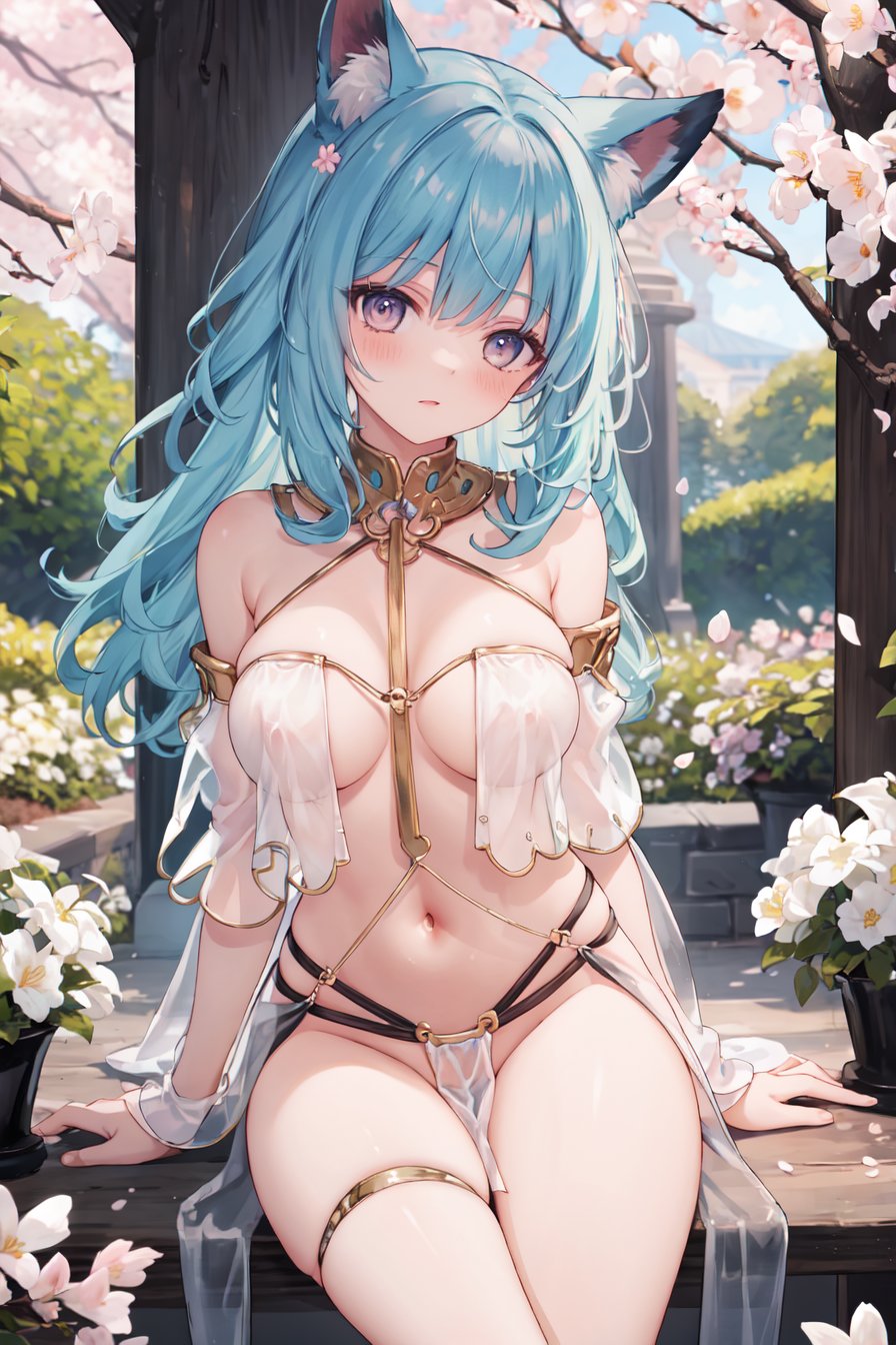 masterpiece,best quality,highres,ultra-detailed,solo,cowboy shot,1girl,medium_breasts,long hair,light blue hair,sitting,outdoors,garden,cherry blossom,trees,breast curtains,breasts apart,pelvic curtain,(see-through:1.2),