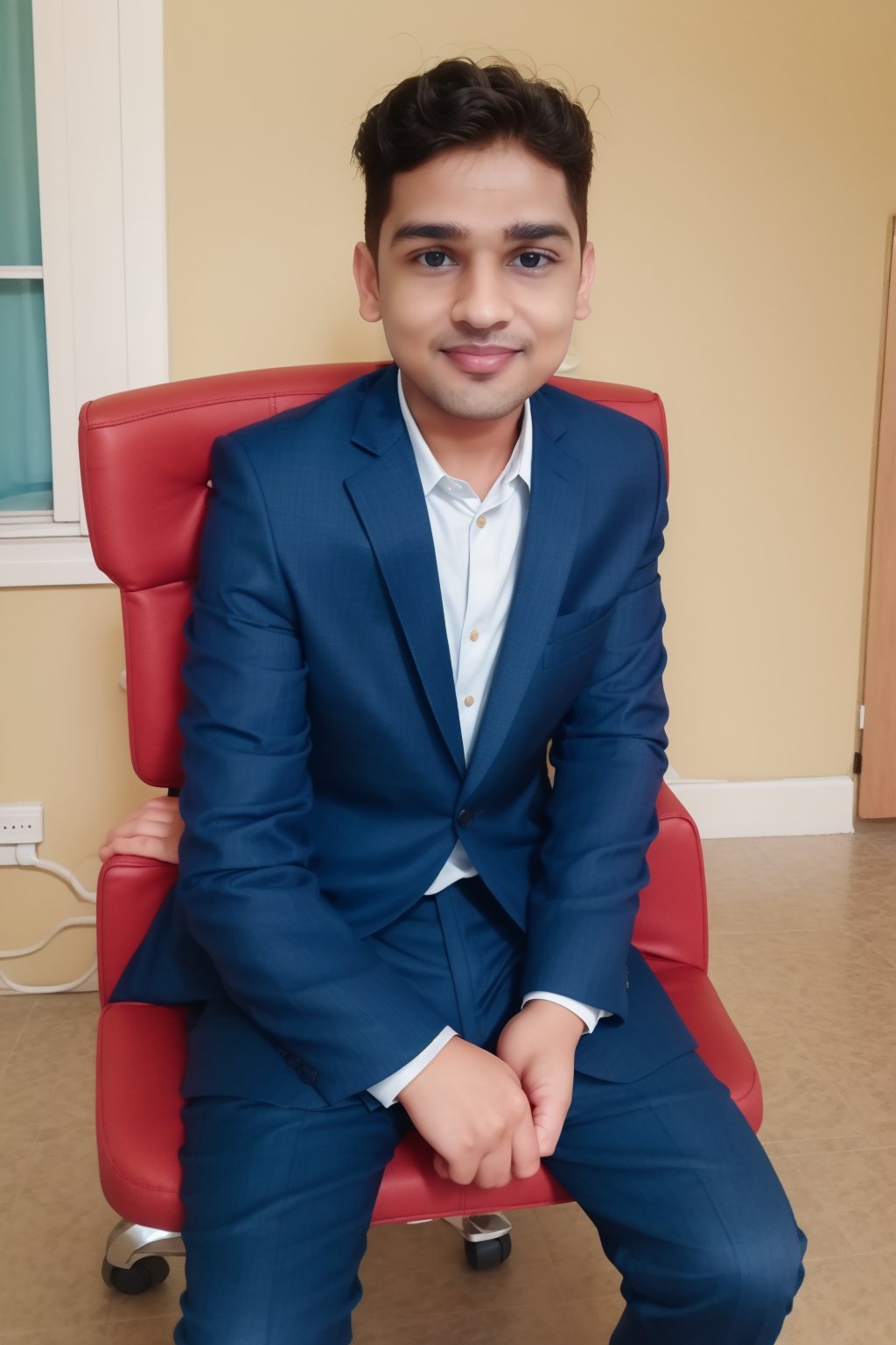 1boy,  looking at viewer,  blue eyes,  6yo,  two piece suit,  silky smooth hair,  Taper Fade hair style,  cute smile,  sitting,  chair,<lora:EMS-301031-EMS:0.800000>