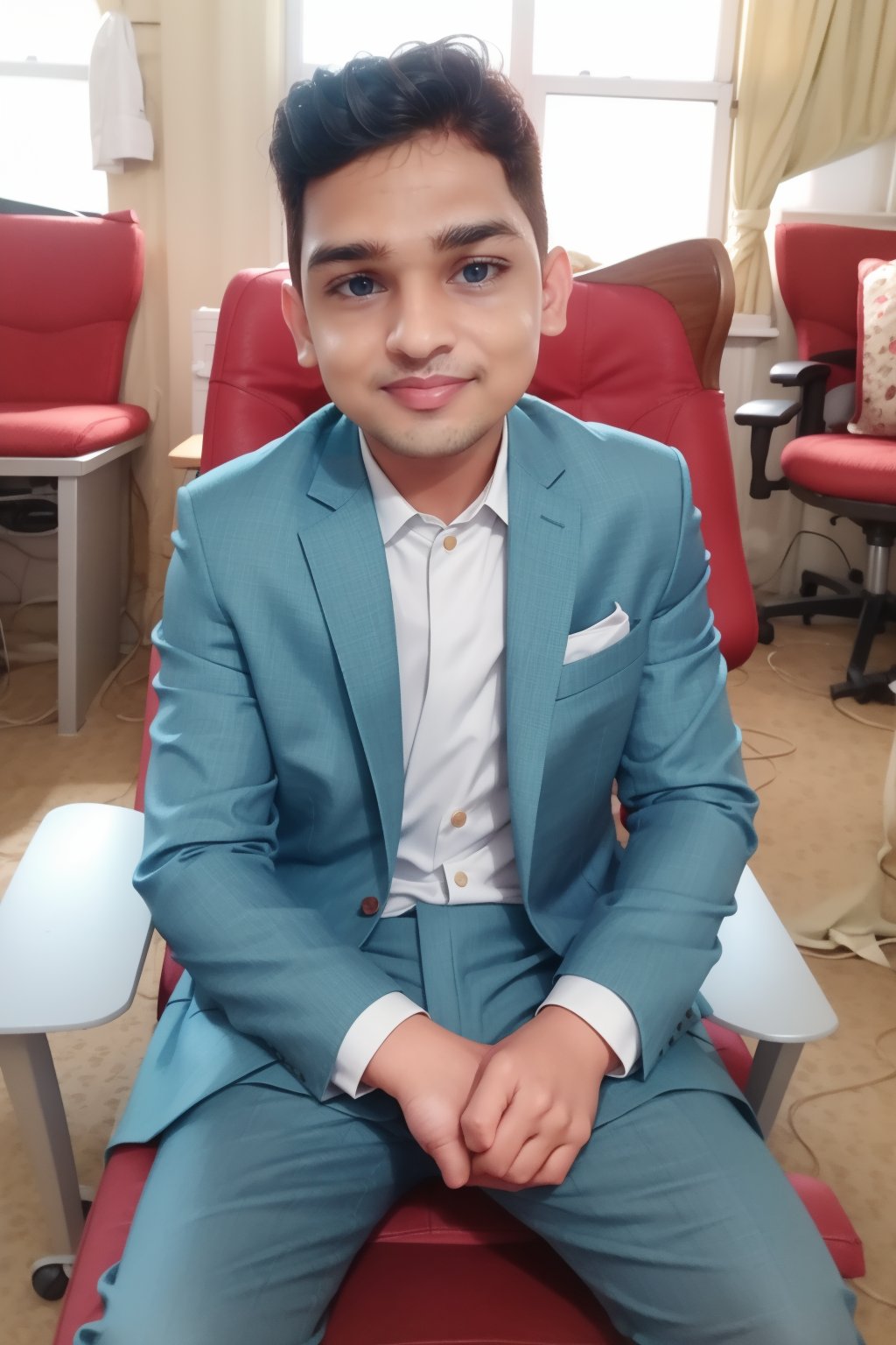 1boy,  looking at viewer,  blue eyes,  6yo,  two piece suit,  silky smooth hair,  Taper Fade hair style,  cute smile,  sitting,  chair,<lora:EMS-301031-EMS:0.800000>