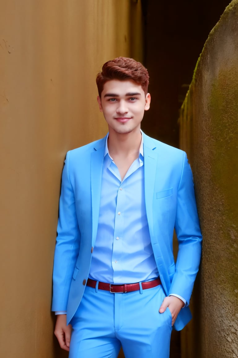 1boy, looking at viewer, light blue eyes, 22yo, two piece suit, silky smooth hair, Taper Fade hair style, cute smile, standing against wall, outdoor 