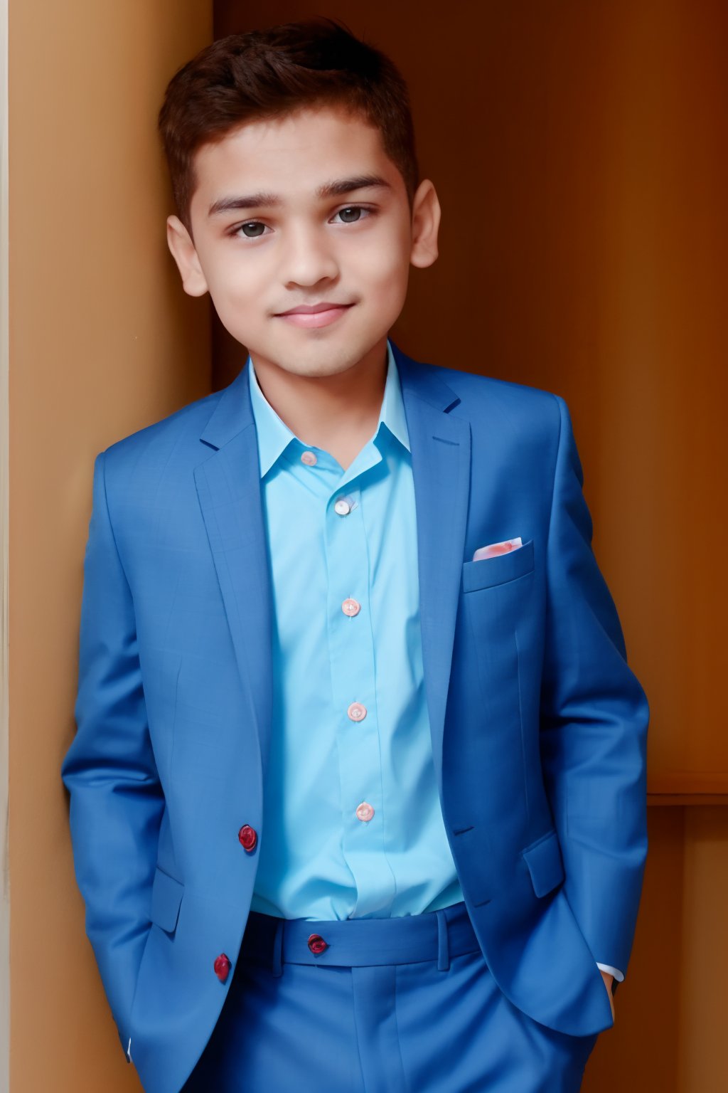 1boy, looking at viewer, light blue eyes, 6yo, two piece suit, silky smooth hair, cute smile, standing against wall