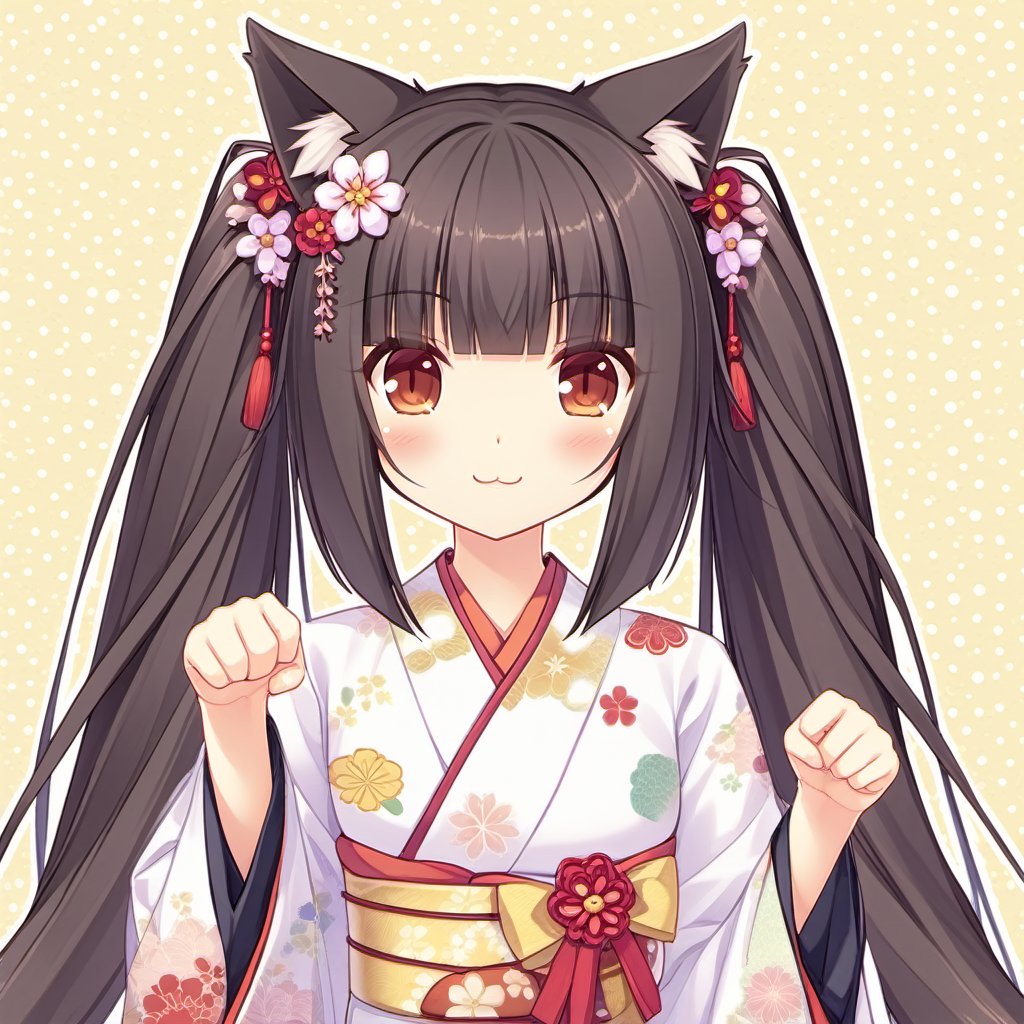 <lora:Hans-Nekopara-base-v2-000006:0.8>,nekopara,Chocola_\(nekopara\), animal_ears, cat_ears, japanese_clothes, solo, bell, long_hair, jingle_bell, twintails, kimono, blush, flower, smile, brown_eyes, hair_ornament, looking_at_viewer, paw_pose, black_hair, :3, upper_body, slit_pupils, hair_flower, miko, bangs, brown_hair, white_kimono, blunt_bangs, kanzashi, wide_sleeves, floral_print