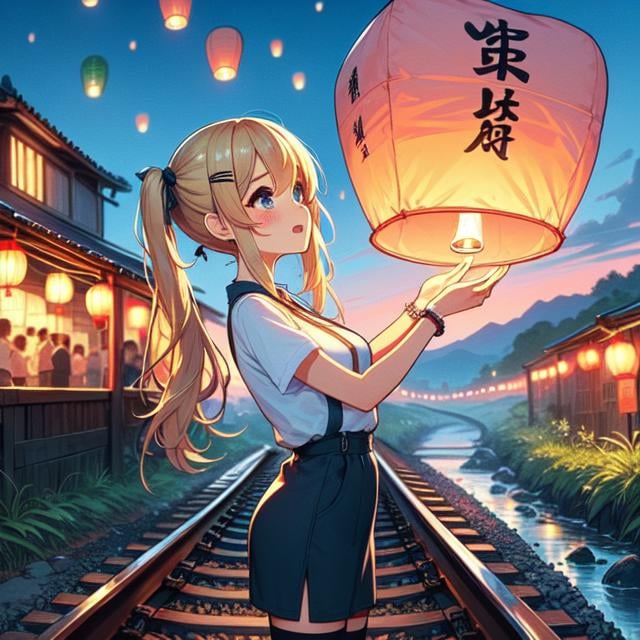 (((masterpiece))), (((best quality))), (((from side))), (((colorfully sky lantern with chinese word))), (((hands close to fire))), (((railway))), raise head, arms up, suspender skirt,  tourists, night, river, bridge, mount, greenery, low house, solo, 1girl, ((big tits)), ((bracelet)), ((blonde twintails)), hairclip, ribbon, sweat, open mouth, daze, shy, blush, slim figure, thighhigh, <lora:girllikeskylantern:1>