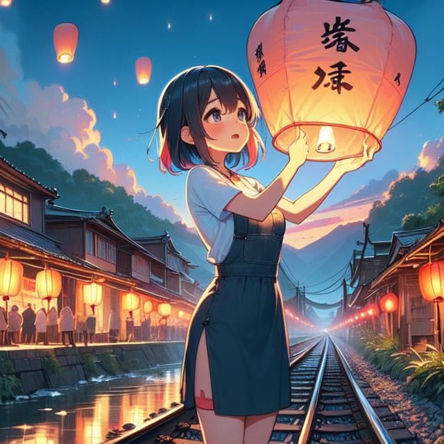 (((masterpiece))), (((best quality))), (((colorfully sky lantern with chinese word))), (((hands close to fire))), (((railway))), raise head, arms up, suspender skirt, tourists, night, river, bridge, mount, greenery, low house, solo, 1girl, big tits, ribbon, sweat, open mouth, daze, shy, blush, slim figure,  <lora:girllikeskylantern:1>