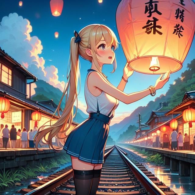 (((masterpiece))), (((best quality))), (((from side))), (((colorfully sky lantern with chinese word))), ((hands close to fire)), ((railway)), raise head, arms up, suspender skirt,  tourists, night, river, ((bridge)), ((mount)), (((greenery))), low house, solo, 1girl, (((big tits))), ((bracelet)), ((blonde twintails)), hairclip, ribbon, sweat, open mouth, daze, shy, blush, slim figure, thighhigh, <lora:girllikeskylantern:1>