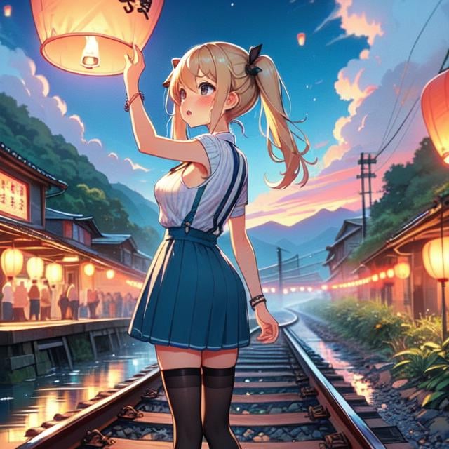 (((masterpiece))), (((best quality))), (((from behind))), ((colorfully sky lantern with chinese word)), ((hands close to fire)), ((railway)), raise head, arms up, stripe shirt, suspender skirt,  tourists, night, river, ((bridge)), ((mount)), (((greenery))), low house, solo, 1girl, (((big tits))), ((bracelet)), ((blonde twintails)), hairclip, ribbon, sweat, open mouth, daze, shy, blush, slim figure, thighhigh, <lora:girllikeskylantern:1>