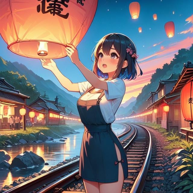 (((masterpiece))), (((best quality))), (((big colorfully sky lantern with chinese word))), ((hands close to fire)), ((squating on railway)), raise head, arms up, suspender skirt, tourists, night, river, bridge, mount, greenery, low house, solo, 1girl, big tits, ribbon, sweat, open mouth, daze, shy, blush, slim figure,  <lora:girllikeskylantern:1>