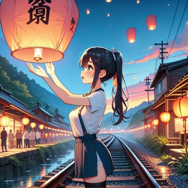 (((masterpiece))), (((best quality))), (((from side))), (((colorfully sky lantern with chinese word))), (((hands close to fire))), (((railway))), raise head, arms up, suspender skirt,  tourists, night, river, bridge, mount, greenery, low house, solo, 1girl, ((big tits)), ponytail, hairclip, ribbon, watch, sweat, open mouth, daze, shy, blush, slim figure, thighhigh, <lora:girllikeskylantern:1>