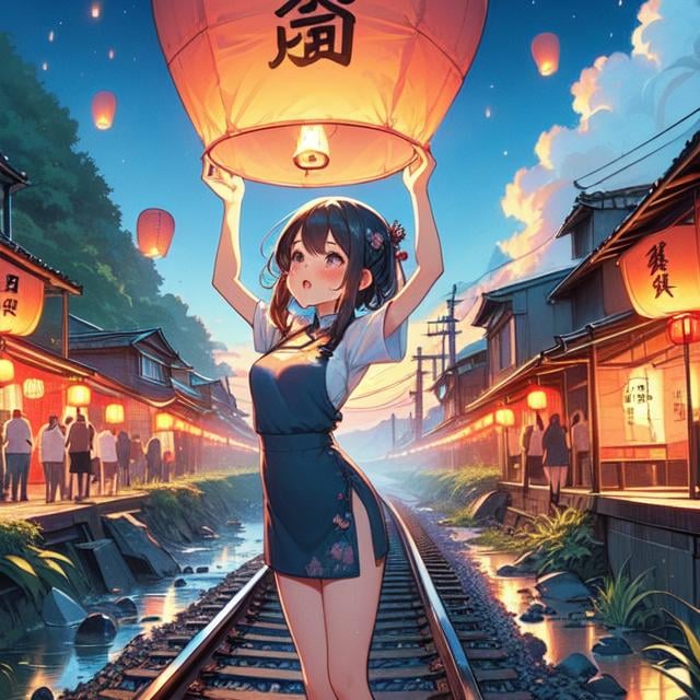 (((masterpiece))), (((best quality))), (((colorfully sky lantern with chinese word))), ((hands close to fire)), ((railway)), raise head, arms up, suspender skirt, tourists, night, river, bridge, mount, greenery, low house, solo, 1girl, big tits, ribbon, sweat, open mouth, daze, shy, blush, slim figure,  <lora:girllikeskylantern:1>