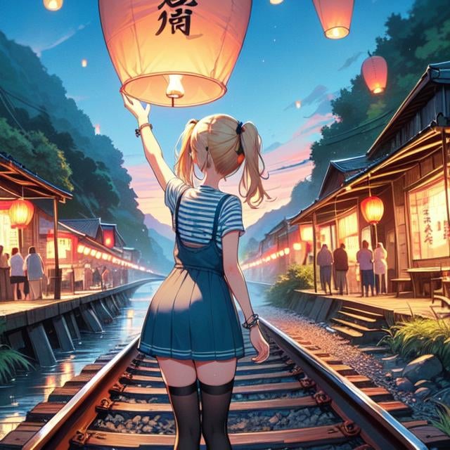 (((masterpiece))), (((best quality))), (((from behind))), ((colorfully sky lantern with chinese word)), ((hands close to fire)), ((railway)), raise head, arms up, stripe shirt, suspender skirt,  tourists, night, river, ((bridge)), ((mount)), (((greenery))), low house, solo, 1girl, (((big tits))), ((bracelet)), ((blonde twintails)), hairclip, ribbon, sweat, open mouth, daze, shy, blush, slim figure, thighhigh, <lora:girllikeskylantern:1>