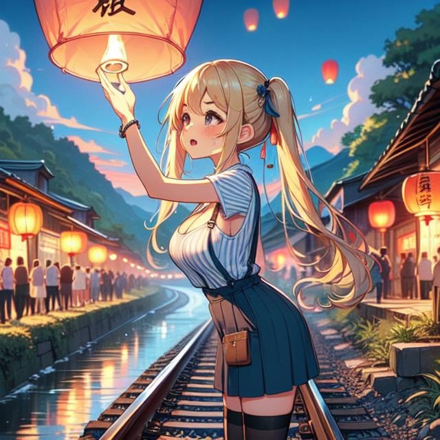 (((masterpiece))), (((best quality))), (((from side))), (((colorfully sky lantern with chinese word))), ((hands close to fire)), ((railway)), raise head, arms up, stripe shirt, suspender skirt,  tourists, night, river, ((bridge)), ((mount)), (((greenery))), low house, solo, 1girl, (((big tits))), ((bracelet)), ((blonde twintails)), hairclip, ribbon, sweat, open mouth, daze, shy, blush, slim figure, thighhigh, <lora:girllikeskylantern:1>