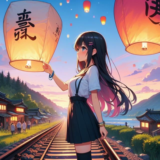 (((masterpiece))), (((best quality))), ((from side)), ((colorful sky lantern with chinese word)), ((hands close to fire)), ((standing on railway)), ((storefront)), raise head, arms up, suspender skirt, tourists, twilight, hillside, ramp, stone steps, mount, greenery, low house, solo, 1girl, (((big tits))), ((bracelet)), ((longhair)), hairclip, ribbon, sweat, daze, shy, blush, slim figure, thighhigh,  <lora:girllikecolorfulskylantern:1>