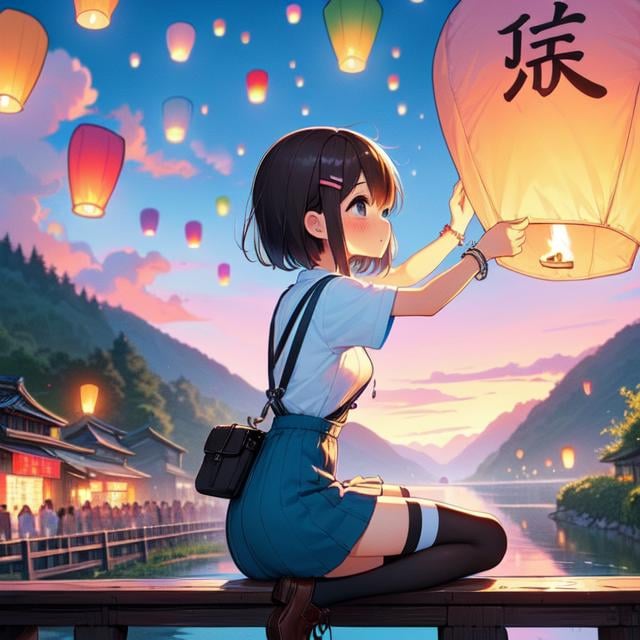 (((masterpiece))), (((best quality))), (((from behind))), (((from side))), (((colorful sky lantern with chinese word))), ((hands close to fire)), ((sitting on bridge)), ((storefront)), ((raise head)), ((arms up)), (((cyan shirt))) ((suspender skirt)), ((tourists)), ((twilight)), ((hillside)), ((lake)), ((mount)), river, greenery, low house, solo, 1girl, (((big tits))), ((bracelet)), ((brown short hair)), hairclip, ribbon, sweat, daze, shy, blush, slim figure, ((thighhigh)), stockings, leather shoes, raining, <lora:girllikecolorfulskylantern:1>