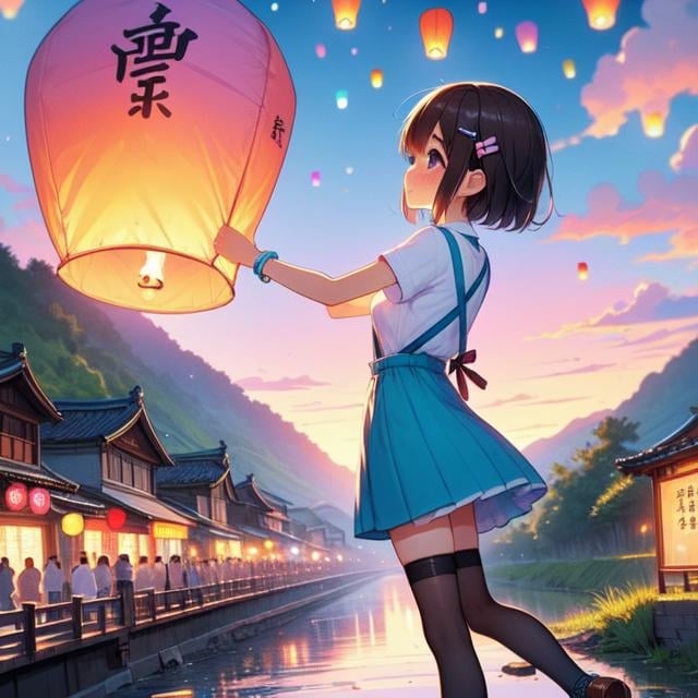 (((masterpiece))), (((best quality))), (((from behind))), (((from side))), (((colorful sky lantern with chinese word))), ((hands close to fire)), ((standing on bridge)), ((storefront)), ((raise head)), ((arms up)), (((cyan shirt))) ((suspender skirt)), ((tourists)), ((twilight)), ((hillside)), ((lake)), ((mount)), river, greenery, low house, solo, 1girl, (((big tits))), ((bracelet)), ((brown short hair)), hairclip, ribbon, sweat, daze, shy, blush, slim figure, thighhigh, stockings, leather shoes, raining, <lora:girllikecolorfulskylantern:1>