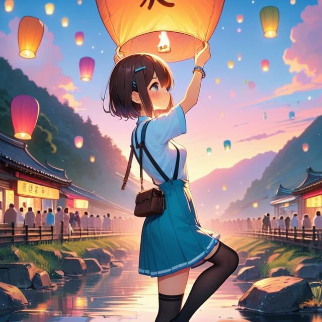 (((masterpiece))), (((best quality))), (((from behind))), (((from side))), (((colorful sky lantern with chinese word))), ((hands close to fire)), ((standing on stone in water)), ((storefront)), ((raise head)), ((arms up)), (((cyan shirt))) ((suspender skirt)), ((tourists)), ((twilight)), ((hillside)), ((lake)), ((mount)), river, greenery, low house, solo, 1girl, (((big tits))), ((bracelet)), ((brown short hair)), hairclip, ribbon, sweat, daze, shy, blush, slim figure, thighhigh, stockings, leather shoes, raining, <lora:girllikecolorfulskylantern:1>