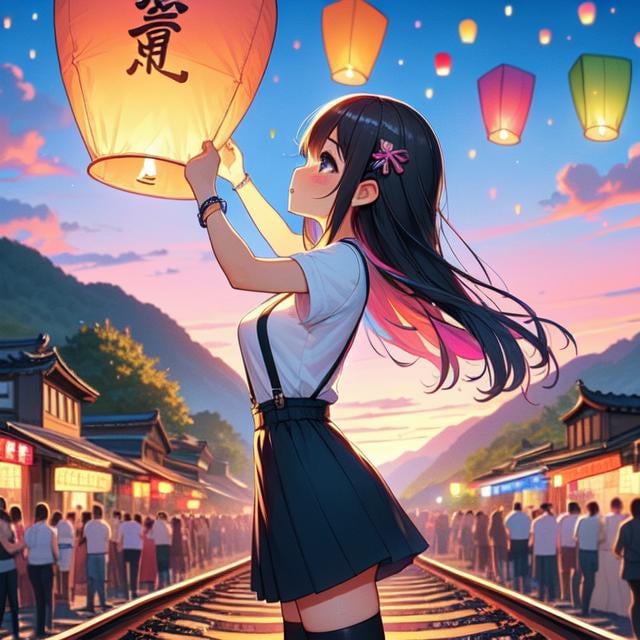 (((masterpiece))), (((best quality))), ((from side)), ((colorful sky lantern with chinese word)), ((hands close to fire)), ((standing on railway)), ((storefront)), raise head, arms up, suspender skirt, tourists, twilight, hillside, mount, greenery, low house, solo, 1girl, (((big tits))), ((bracelet)), ((longhair)), hairclip, ribbon, sweat, daze, shy, blush, slim figure, thighhigh,  <lora:girllikecolorfulskylantern:1>