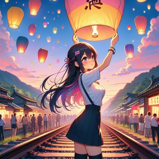 (((masterpiece))), (((best quality))), ((from side)), (((colorful sky lantern with chinese word))), ((hands close to fire)), ((standing on railway)), ((storefront)), ((raise head)), ((arms up)), suspender skirt, ((tourists)), ((twilight)), ((hillside)), ((lake)), ((mount)), bridge, greenery, low house, solo, 1girl, (((big tits))), ((bracelet)), ((longhair)), hairclip, ribbon, sweat, daze, shy, blush, slim figure, thighhigh, raining, <lora:girllikecolorfulskylantern:1>