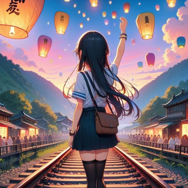 (((masterpiece))), (((best quality))), ((from behind)), (((colorful sky lantern with chinese word))), ((hands close to fire)), ((standing on railway)), ((storefront)), raise head, arms up, suspender skirt, tourists, twilight, hillside, ramp, stone steps, mount, greenery, low house, solo, 1girl, (((big tits))), ((bracelet)), ((longhair)), hairclip, ribbon, sweat, daze, shy, blush, slim figure, thighhigh,  <lora:girllikecolorfulskylantern:1>