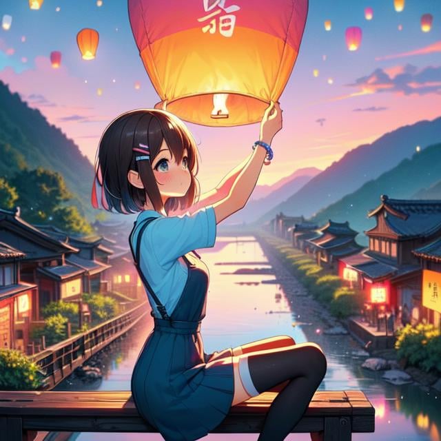 (((masterpiece))), (((best quality))), (((from above))), (((from side))), (((colorful sky lantern with chinese word))), ((hands close to fire)), ((sitting on bridge)), ((storefront)), ((raise head)), ((arms up)), (((cyan shirt))) ((suspender skirt)), ((tourists)), ((twilight)), ((hillside)), ((lake)), ((mount)), river, greenery, low house, solo, 1girl, (((big tits))), ((bracelet)), ((brown short hair)), hairclip, ribbon, sweat, daze, shy, blush, slim figure, thighhigh, raining, <lora:girllikecolorfulskylantern:1>
