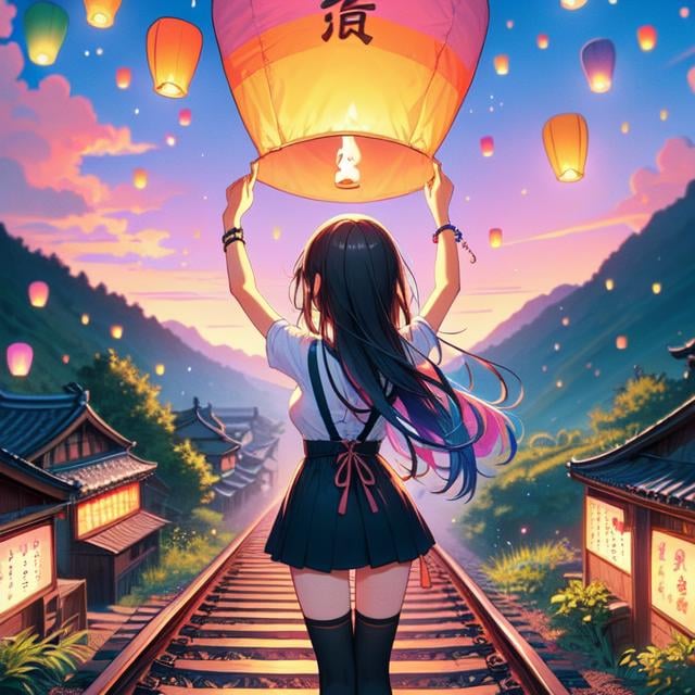 (((masterpiece))), (((best quality))), ((from behind)), (((colorful sky lantern with chinese word))), ((hands close to fire)), ((standing on railway)), ((storefront)), ((raise head)), ((arms up)), suspender skirt, tourists, twilight, hillside, ramp, stone steps, mount, greenery, low house, solo, 1girl, (((big tits))), ((bracelet)), ((longhair)), hairclip, ribbon, sweat, daze, shy, blush, slim figure, thighhigh,  <lora:girllikecolorfulskylantern:1>