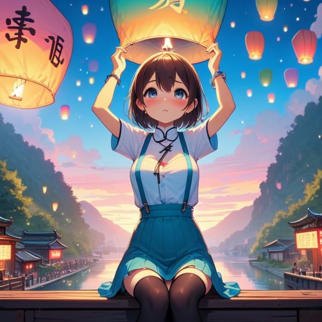 (((masterpiece))), (((best quality))),  (((colorful sky lantern with chinese word))), ((hands close to fire)), ((sitting on bridge)), ((storefront)), ((raise head)), ((arms up)), (((cyan shirt))) ((suspender skirt)), ((tourists)), ((twilight)), ((hillside)), ((lake)), ((mount)), river, greenery, low house, solo, 1girl, (((big tits))), ((bracelet)), ((brown short hair)), hairclip, ribbon, sweat, daze, shy, blush, slim figure, thighhigh, raining, <lora:girllikecolorfulskylantern:1>