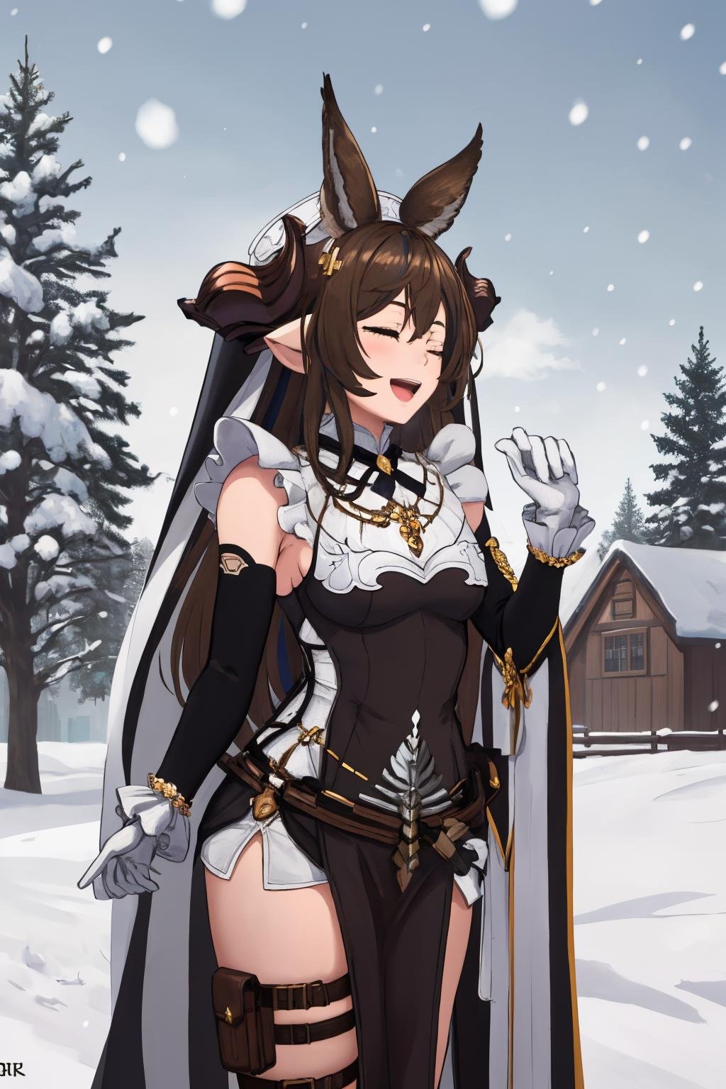 masterpiece, best quality, 1girl,  <lora:spgbfGalleon:1> galleondef, horns, closed eyes, dress, white gloves, frills, detached sleeves, frilled sleeves, thighhighs, thigh strap, pelvic curtain, building, flower, outdoors, snow, snowing, tree, looking away, one eye closed, open mouth, smile, solo, upper teeth only