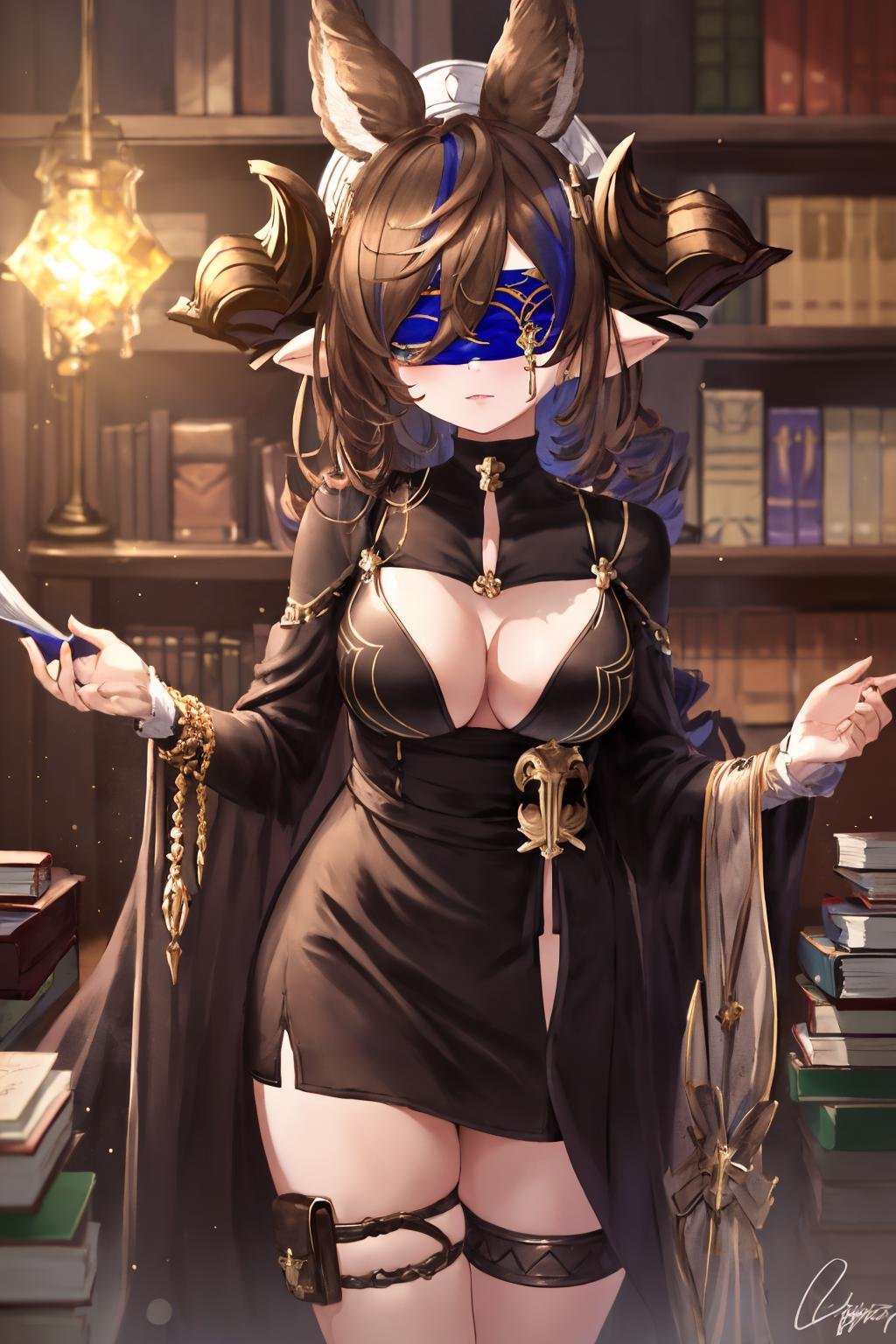 masterpiece, best quality, 1girl,  <lora:spgbfGalleon:1> galleonlco, horns, blindfold, black dress, cleavage, cleavage cutout, thigh strap, blurry, book, bookshelf, depth of field, gem, signature, upper body, closed eyes, legs apart, listening to music, solo, standing