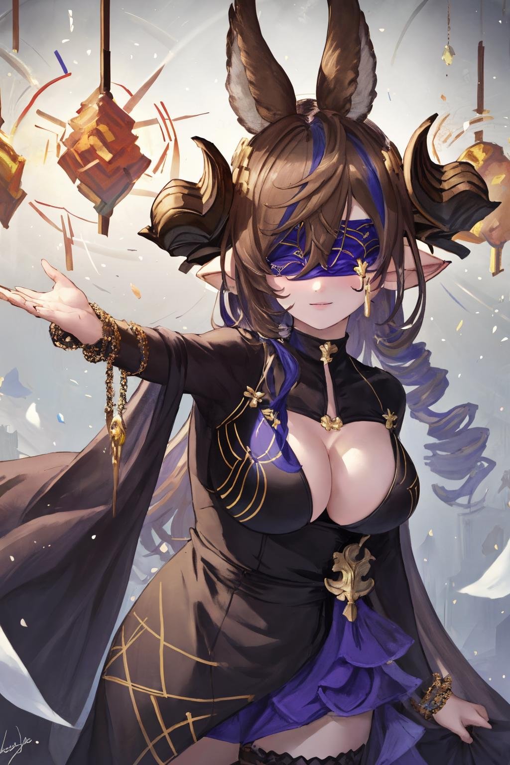 masterpiece, best quality, 1girl,  <lora:spgbfGalleon:1> galleonlco, horns, blindfold, black dress, cleavage, cleavage cutout, thigh strap, + +, flower, purple flower, red flower, signature, star (symbol), upper body, arm up, looking away, outstretched arm, solo