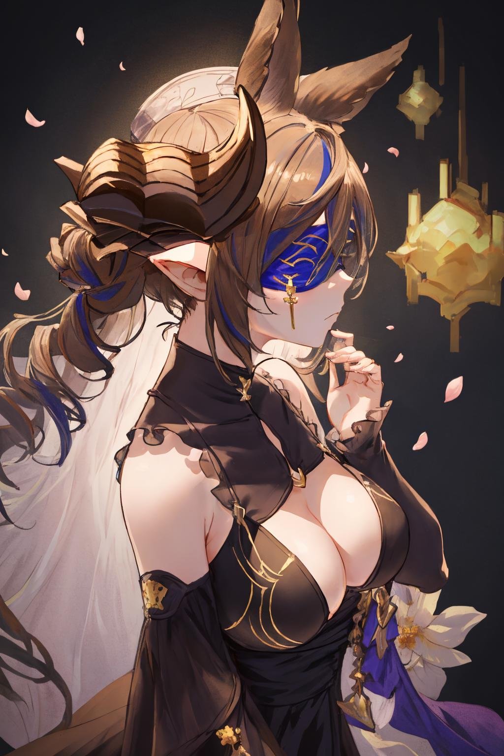 masterpiece, best quality, 1girl,  <lora:spgbfGalleon:1> galleonlco, horns, blindfold, black dress, cleavage, cleavage cutout, thigh strap, blue background, floating hair, flower, from side, petals, portrait, closed eyes, closed mouth, expressionless, facing viewer, hands up, holding, holding flower, solo