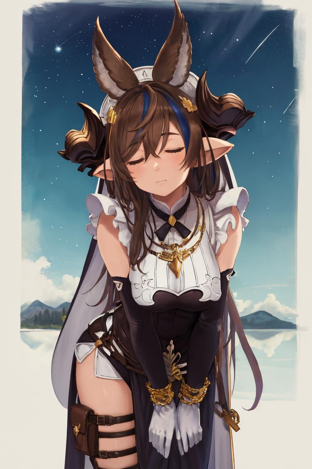 masterpiece, best quality, 1girl,  <lora:spgbfGalleon:1> galleondef, horns, closed eyes, dress, white gloves, frills, detached sleeves, frilled sleeves, thighhighs, thigh strap, pelvic curtain, blue sky, border, fantasy, mountainous horizon, outdoors, reflection, scenery, sky, star (sky), starry sky, closed mouth, expressionless, leaning forward, looking at viewer, shirt tug, solo, standing, v arms