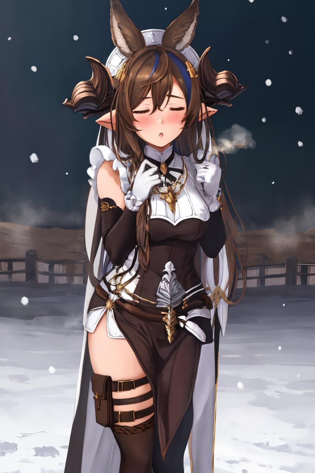 masterpiece, best quality, 1girl,  <lora:spgbfGalleon:1> galleondef, horns, closed eyes, dress, white gloves, frills, detached sleeves, frilled sleeves, thighhighs, thigh strap, pelvic curtain, breath, snow, steam, :o, blush, hand up, looking at viewer, parted lips, solo, standing