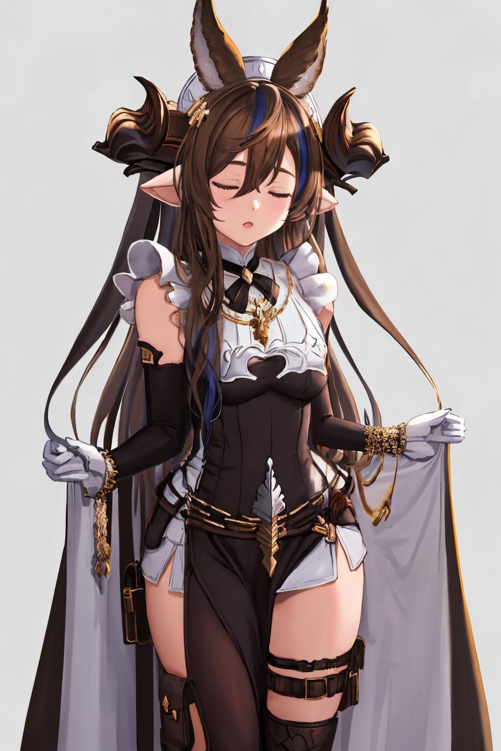 masterpiece, best quality, 1girl,  <lora:spgbfGalleon:1> galleondef, horns, closed eyes, dress, white gloves, frills, detached sleeves, frilled sleeves, thighhighs, thigh strap, pelvic curtain