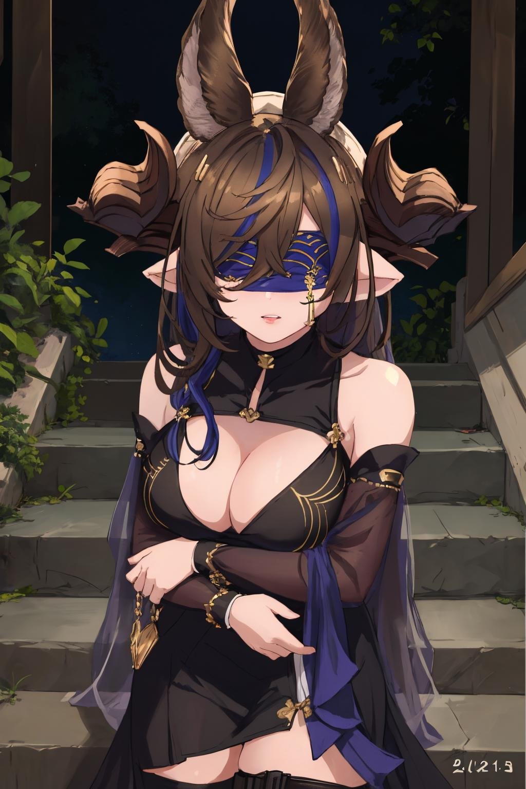 masterpiece, best quality, 1girl,  <lora:spgbfGalleon:1> galleonlco, horns, blindfold, black dress, cleavage, cleavage cutout, thigh strap, artist name, dated, railing, stairs, hugging own legs, looking at viewer, solo