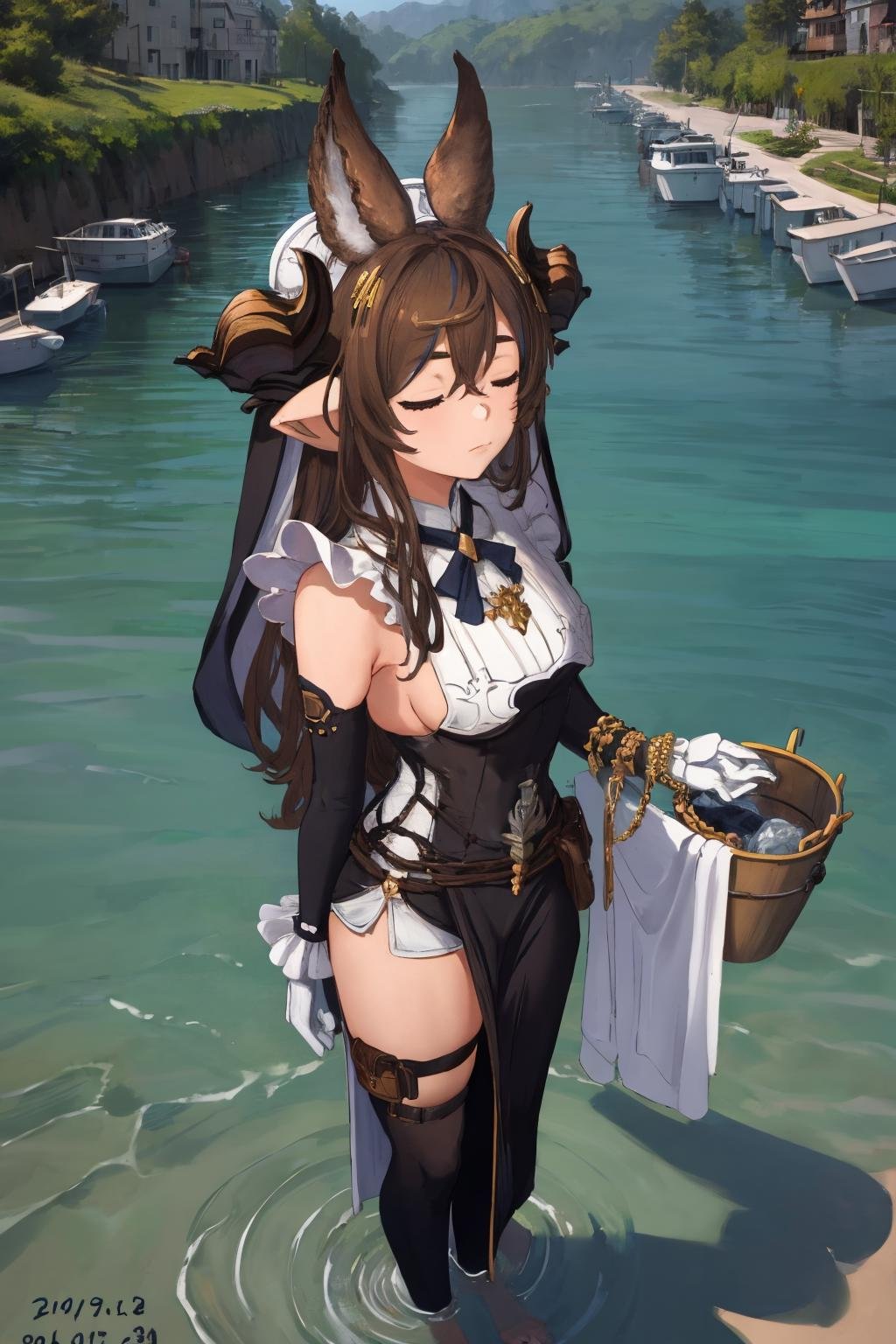 masterpiece, best quality, 1girl,  <lora:spgbfGalleon:1> galleondef, horns, closed eyes, dress, white gloves, frills, detached sleeves, frilled sleeves, thighhighs, thigh strap, pelvic curtain, artist name, boat, bucket, dated, full body, outdoors, sailboat, water, watercraft, closed mouth, looking at viewer, looking to the side, solo, standing