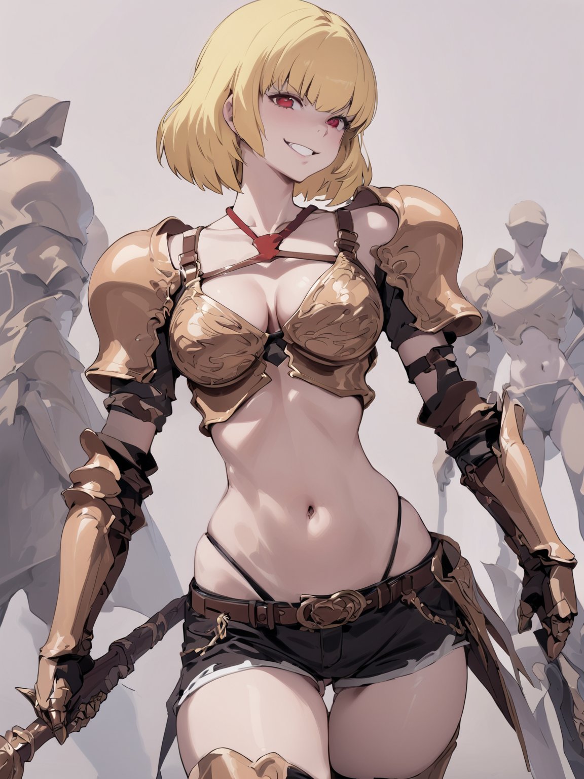 //Quality,
masterpiece, best quality, detailed
,//Character,
solo,
,//Fashion,
,//Background,
simple_background
,//Others,
,Clementine \(overlord\), 1girl, short hair, blonde hair, red eyes, bangs, breasts, cleavage, navel, bare shoulders, collarbone, midriff, bikini armor, shoulder armor, gauntlets, breastplate, thighhighs, underwear, belt, short shorts, black shorts, pauldrons, highleg panties, boots, holding weapon, dagger, closed mouth, grin