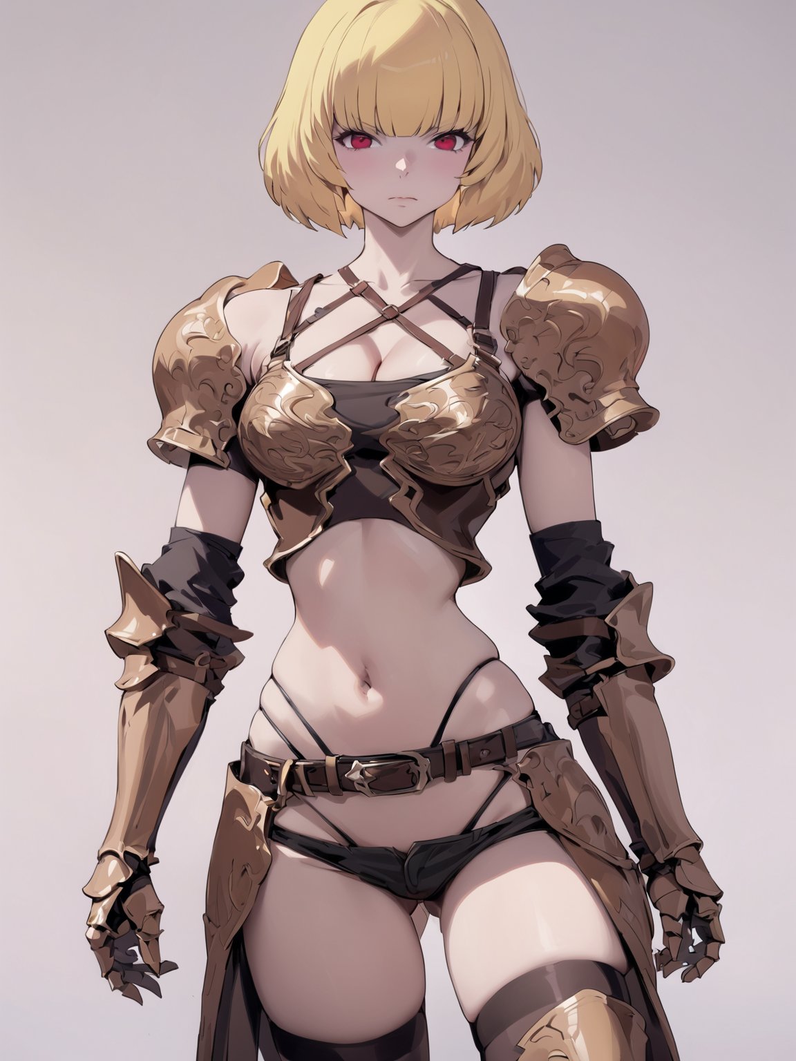 //Quality,
masterpiece, best quality, detailed
,//Character,
solo,
,//Fashion,
,//Background,
simple_background
,//Others,
,Clementine \(overlord\), 1girl, short hair, blonde hair, red eyes, bangs, breasts, cleavage, navel, bare shoulders, collarbone, midriff, armor, shoulder armor, gauntlets, breastplate, thighhighs, closed mouth, underwear, belt, short shorts, black shorts, pauldrons, highleg panties