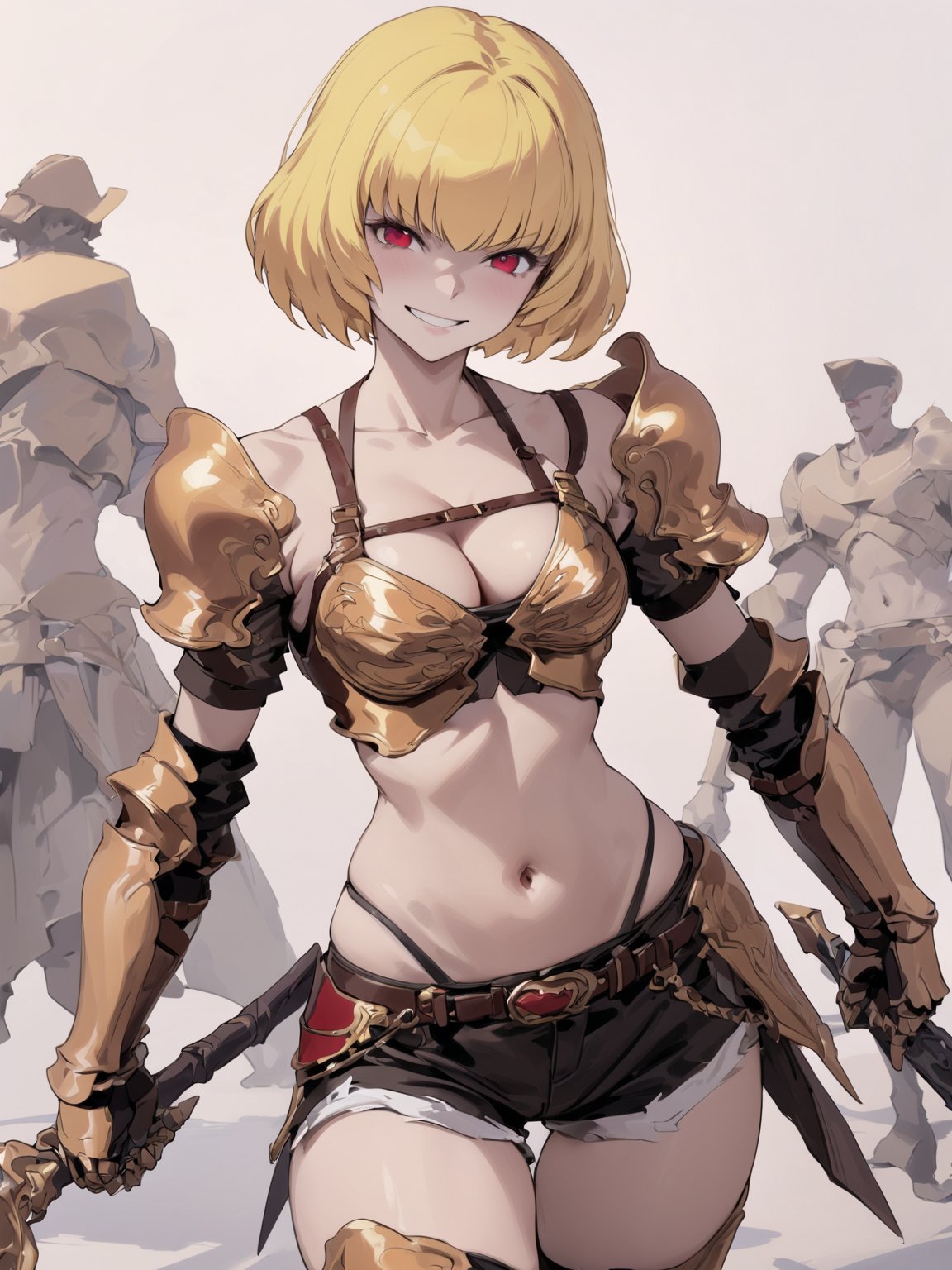 //Quality,
masterpiece, best quality, detailed
,//Character,
solo,
,//Fashion,
,//Background,
simple_background
,//Others,
,Clementine \(overlord\), 1girl, short hair, blonde hair, red eyes, bangs, breasts, cleavage, navel, bare shoulders, collarbone, midriff, bikini armor, shoulder armor, gauntlets, breastplate, thighhighs, underwear, belt, short shorts, black shorts, pauldrons, highleg panties, boots, holding weapon, dagger, closed mouth, grin