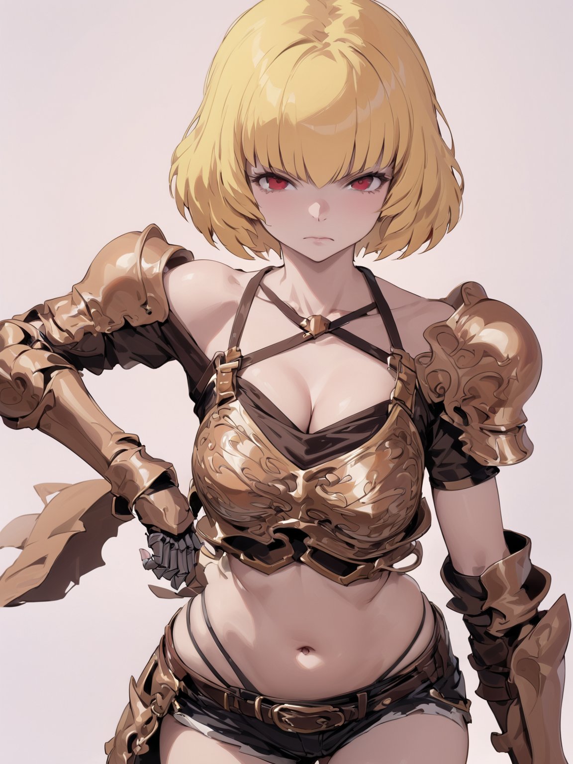 //Quality,
masterpiece, best quality, detailed
,//Character,
solo,
,//Fashion,
,//Background,
simple_background
,//Others,
,Clementine \(overlord\), 1girl, short hair, blonde hair, red eyes, bangs, breasts, cleavage, navel, bare shoulders, collarbone, midriff, armor, shoulder armor, gauntlets, breastplate, thighhighs, closed mouth, underwear, belt, short shorts, black shorts, pauldrons, highleg panties