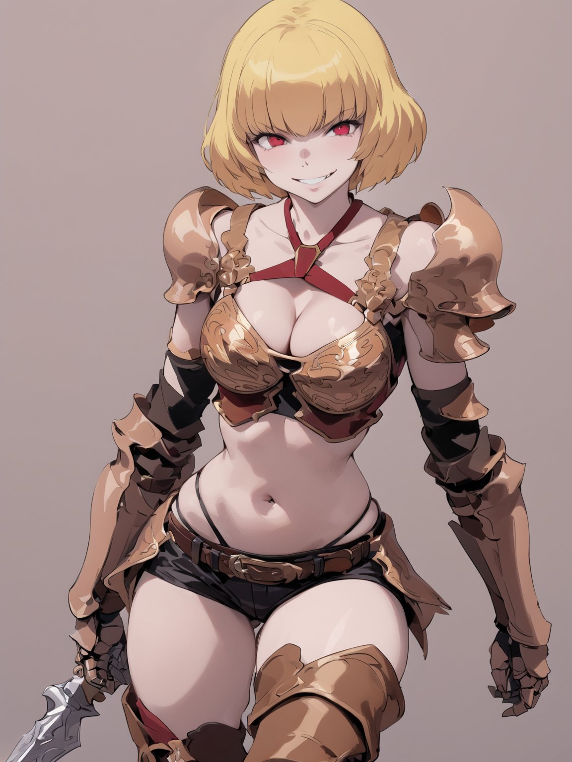 //Quality,
masterpiece, best quality, detailed
,//Character,
solo,
,//Fashion,
,//Background,
simple_background
,//Others,
,Clementine \(overlord\), 1girl, short hair, blonde hair, red eyes, bangs, breasts, cleavage, navel, bare shoulders, collarbone, midriff, bikini armor, shoulder armor, gauntlets, breastplate, thighhighs, underwear, belt, short shorts, black shorts, pauldrons, highleg panties, boots, brown footwear, knee boots, holding weapon, dagger, closed mouth, grin