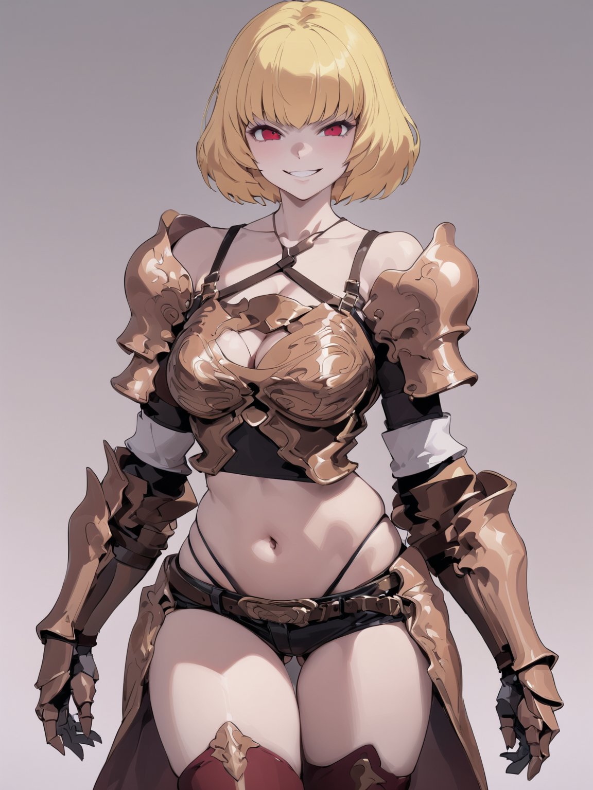 //Quality,
masterpiece, best quality, detailed
,//Character,
solo,
,//Fashion,
,//Background,
simple_background
,//Others,
,Clementine \(overlord\), 1girl, short hair, blonde hair, red eyes, bangs, breasts, cleavage, navel, bare shoulders, collarbone, midriff, armor, shoulder armor, gauntlets, breastplate, thighhighs, closed mouth, underwear, belt, short shorts, black shorts, pauldrons, highleg panties, grin