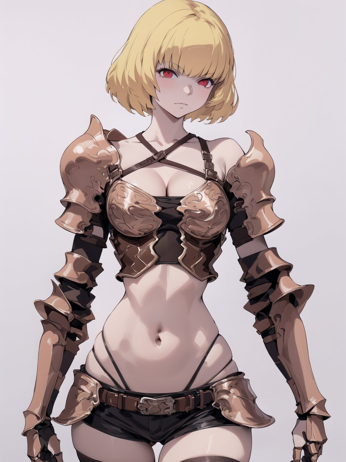 //Quality,
masterpiece, best quality, detailed
,//Character,
solo,
,//Fashion,
,//Background,
simple_background
,//Others,
,Clementine \(overlord\), 1girl, short hair, blonde hair, red eyes, bangs, breasts, cleavage, navel, bare shoulders, collarbone, midriff, armor, shoulder armor, gauntlets, breastplate, thighhighs, closed mouth, underwear, belt, short shorts, black shorts, pauldrons, highleg panties