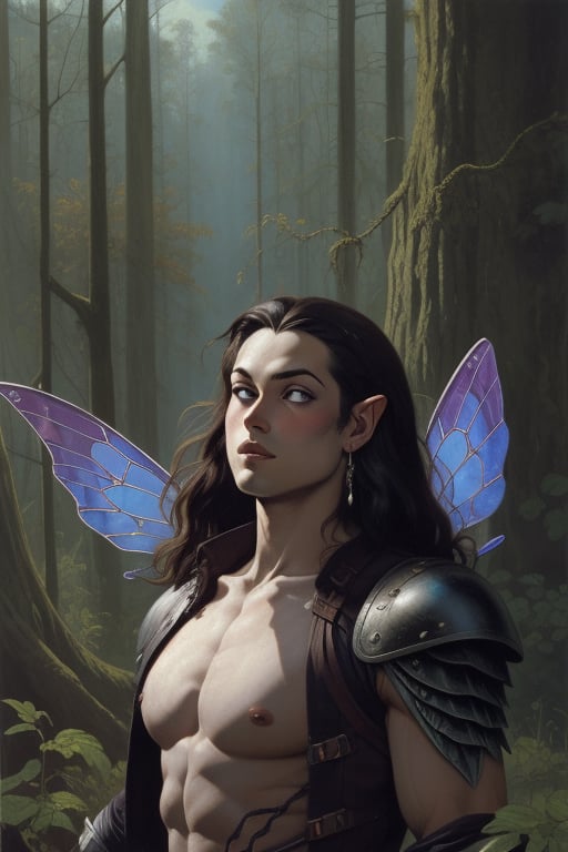 detiled upper body portrait of a hauntingly beautifyl fae, genderless, hairy chest, hairy armpits,feminine, very long dark hair, pale blue skin, small breasts, pectoral muscles, glassy shimmering wings, muscular, high pointed ears, wearing scant revealing black leather armor, background of dark forest with twisting rots and vines among ancient trees, dark vaporwave color palette,nodf_lora, fantasy masterpiece by frank frazetta,Genderless,cartoon