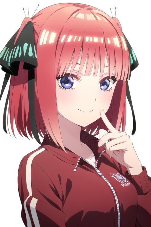 solo, 1girl, looking at viewer, 2D, anime, anime coloring, upper body, (solid white background:1.3), <lora:nino-5toubun:0.8>, nino nakano, red tracksuit jacket, short hair, looking at viewer, smile