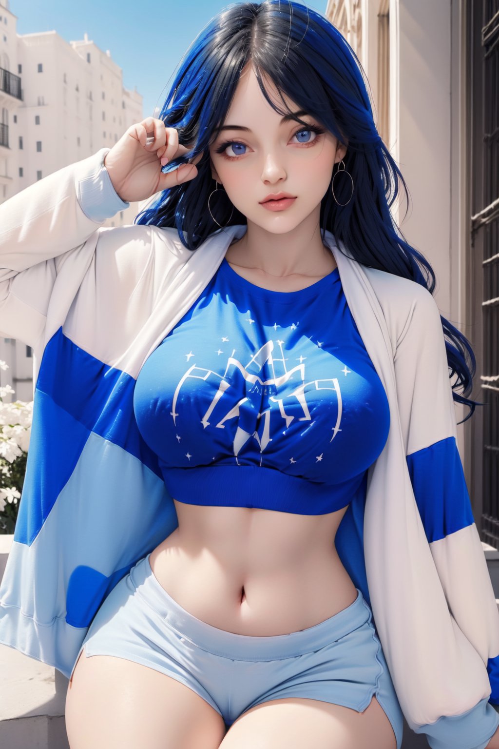 1girl, blue dream, cabello negro con tonos azul, 
cuerpo hermoso, sudadera blanca, blusa azul, crop top,
mostrando el abdomen, short blanco
,bluedream,cabello negro con tonos azul,sudadera blanca