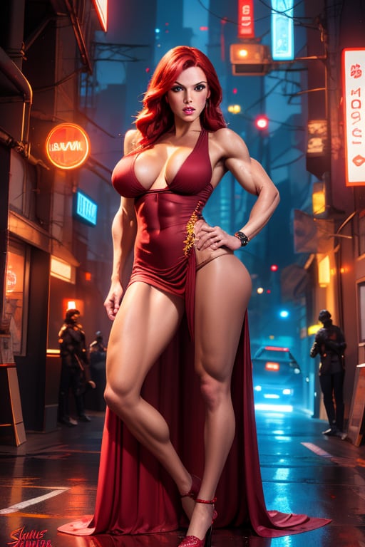 Erika, a beautiful woman, 28 years old, long red hair, blue eyes, sandy warmy skin, muscular body, big breasts, ripped abs, wide hips, big ass, round ass, wide thighs. She wears a maroon red dress with black stripes. action scene, in the background a night city with neon lights, interactive elements, very detailed, ((Detailed face)), ((Detailed Half body)), Color Booster, Erika Schnaider