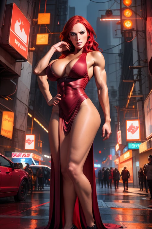 Erika, a beautiful woman, 28 years old, long red hair, blue eyes, sandy warmy skin, muscular body, big breasts, ripped abs, wide hips, big ass, round ass, wide thighs. She wears a maroon red dress with black stripes. action scene, in the background a night city with neon lights, interactive elements, very detailed, ((Detailed face)), ((Detailed Half body)), Color Booster, Erika Schnaider