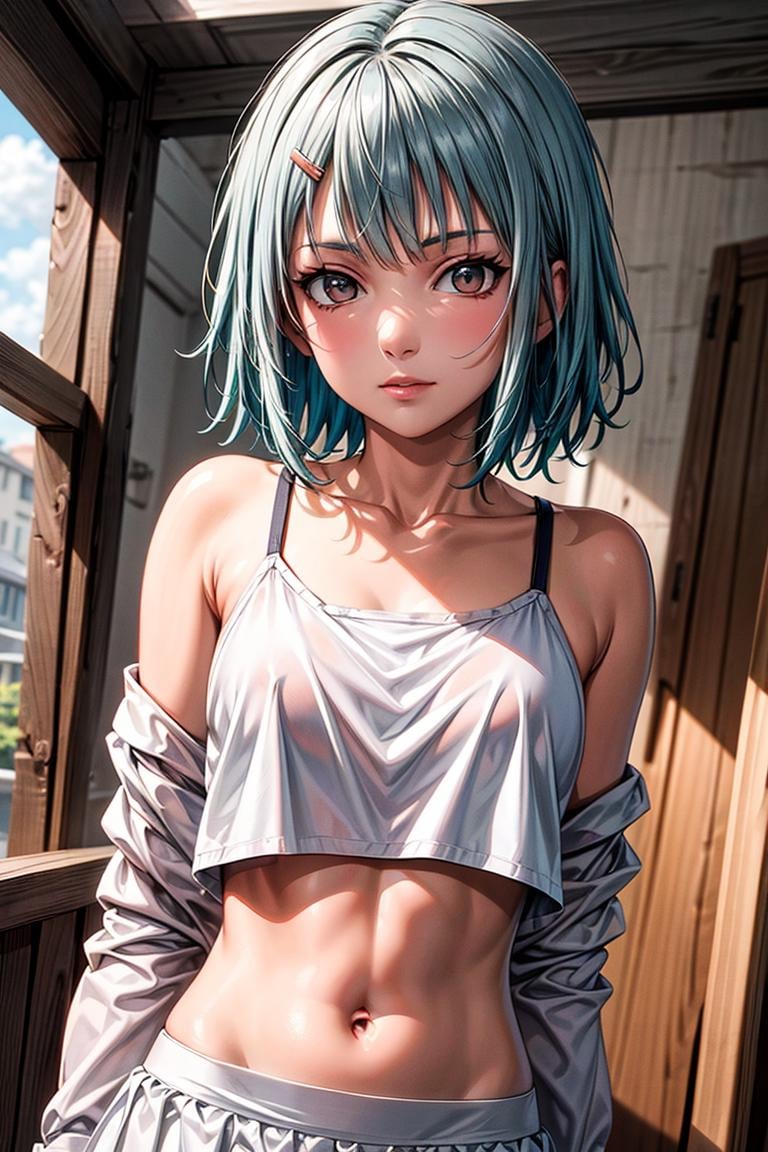 High detailed,  masterpiece,  best quality,  8K,  highres,  Fuu_Lor4,  short hair,  bangs,  skirt,  shirt,  hair ornament,  bare shoulders,  small breasts,  white shirt,  blue hair,  hairclip,  midriff,  off shoulder,  white skirt, masterpiece,<lora:EMS-179-EMS:0.500000>,<lora:EMS-299928-EMS:0.600000>